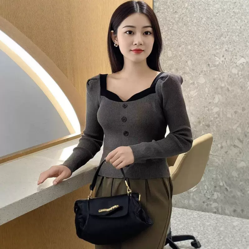 新款法式漂名媛小香风撞色方领辣妹上衣秋冬季短款长袖修身针织衫
