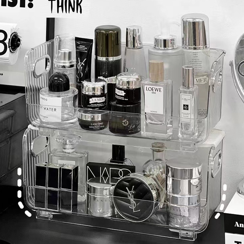 桌面可疊加收納筐 輕奢大容量奶呼呼收納整理盒化妝品手提收納籃