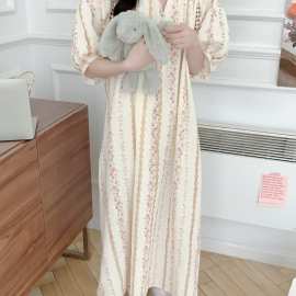 实拍夏季新款甜美可爱花朵珍珠扣花边短袖睡裙休闲家居服睡衣女