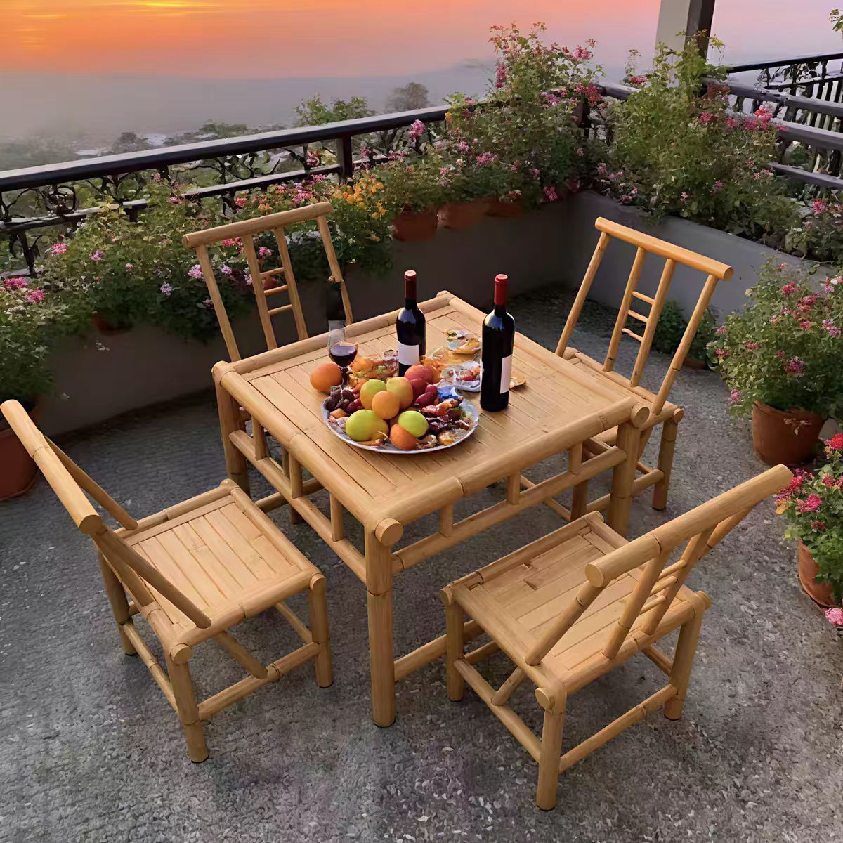 Outdoor Bamboo Tables and Chairs, Aluminum Alloy Imitation Bamboo Courtyard Furniture for Guesthouses, Hotels, and Rural Inns, Tea Brewing Table and Chair Umbrella Set