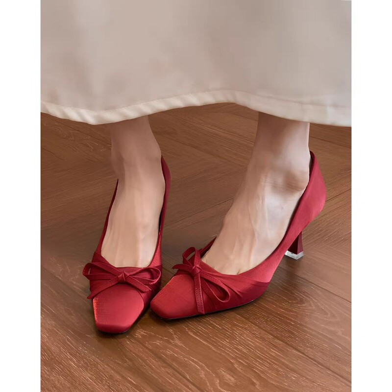 2025 New Autum Burgundy Pointed Toe Bow High Heels Women's Stiletto French Style Stiletto High Heels
