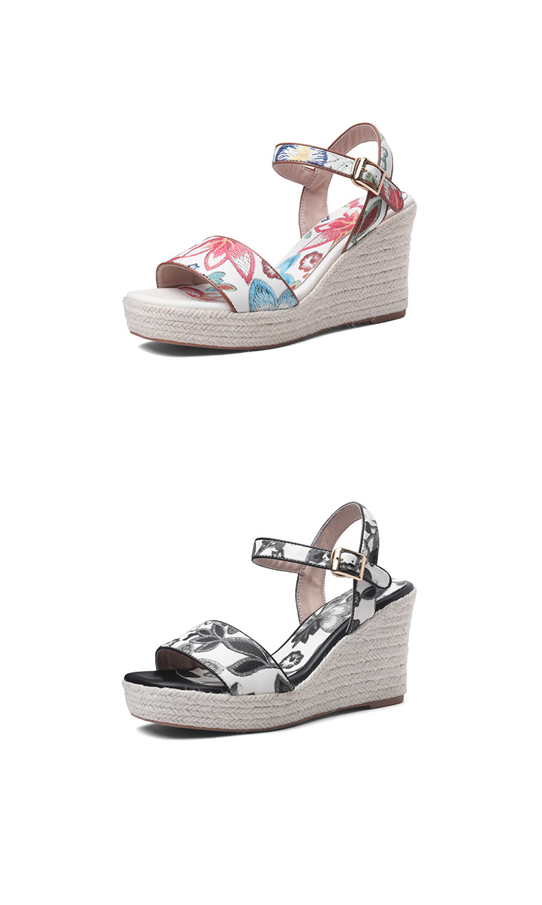 Sandal nữ hở mũi gót nêm cao 7 cm đế cói in hoa boho — màu đen, màu trắng chi tiết 9