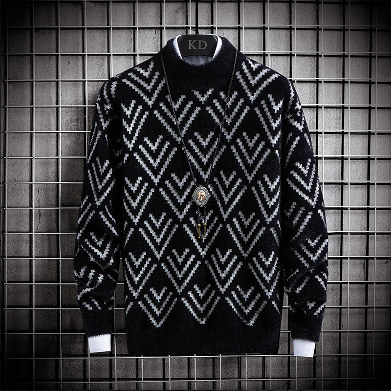 Cross-Border 2025 Autumn and Winter New Round Neck Knitwear Korean Style Fashionable Slim Imitation Mink Velvet Half Turtleneck Knitted Knitwear for Men