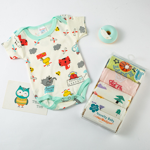 Candy Color Children's Triangle Diaper Pajamas Cartoon Print 5-Piece Set Crawling Suit 100% Cotton Newborn Baby Set Gift Box Wholesale
