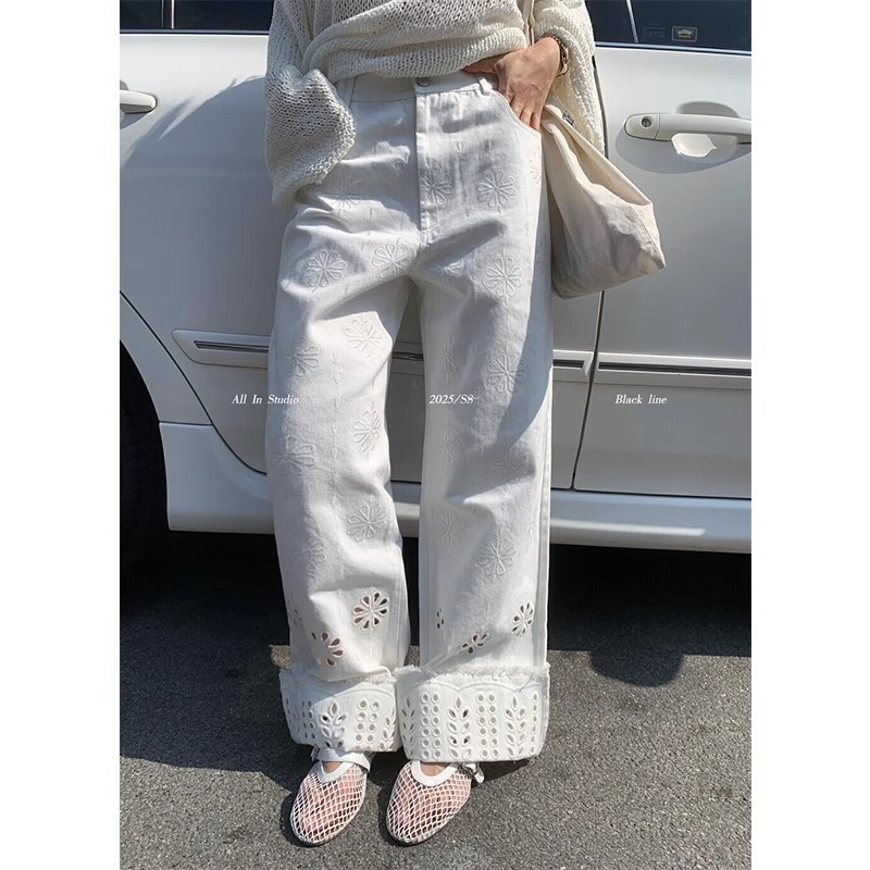 ルーズBFレイジースタイルハイウエストストレートパンツ重工業中空刺繍起毛カフスホワイトジーンズ女性用春|undefined