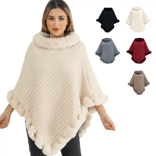 Autumn and Winter New Imitation Rex Rabbit Fur Collar Pullover Shawl Irregular plus size Knitted Cloak Loose Knitted Coat Women
