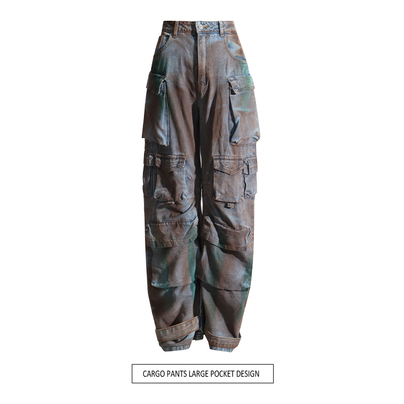 Pantalones de estilo de herramientas de moda 2025 verano nuevo estilo costura diseño de bolsillo de alta calidad cintura alta pantalones vaqueros delgados mujeres