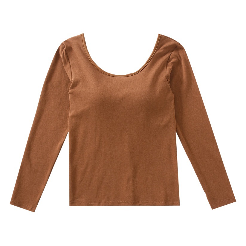 Autumn and Winter Long-sleeved Women's Large Crewneck Bottoming Shirt Underwear Cup One-piece T-shirt with Bra-free Inner Top