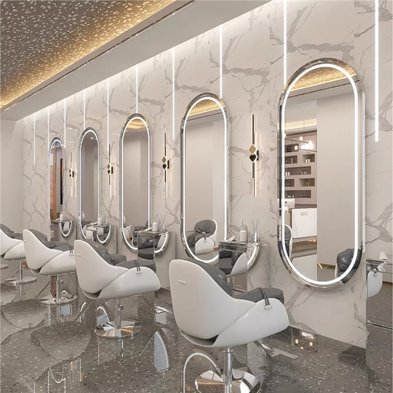 Barbería en línea tabla de espejo salón especial tipo pared simple barbería espejo de piso LED tabla de espejo de escaldado control táctil