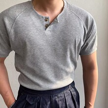 夏季新款华夫格亨利领短袖男士修身商务冰丝透气T恤外贸跨境