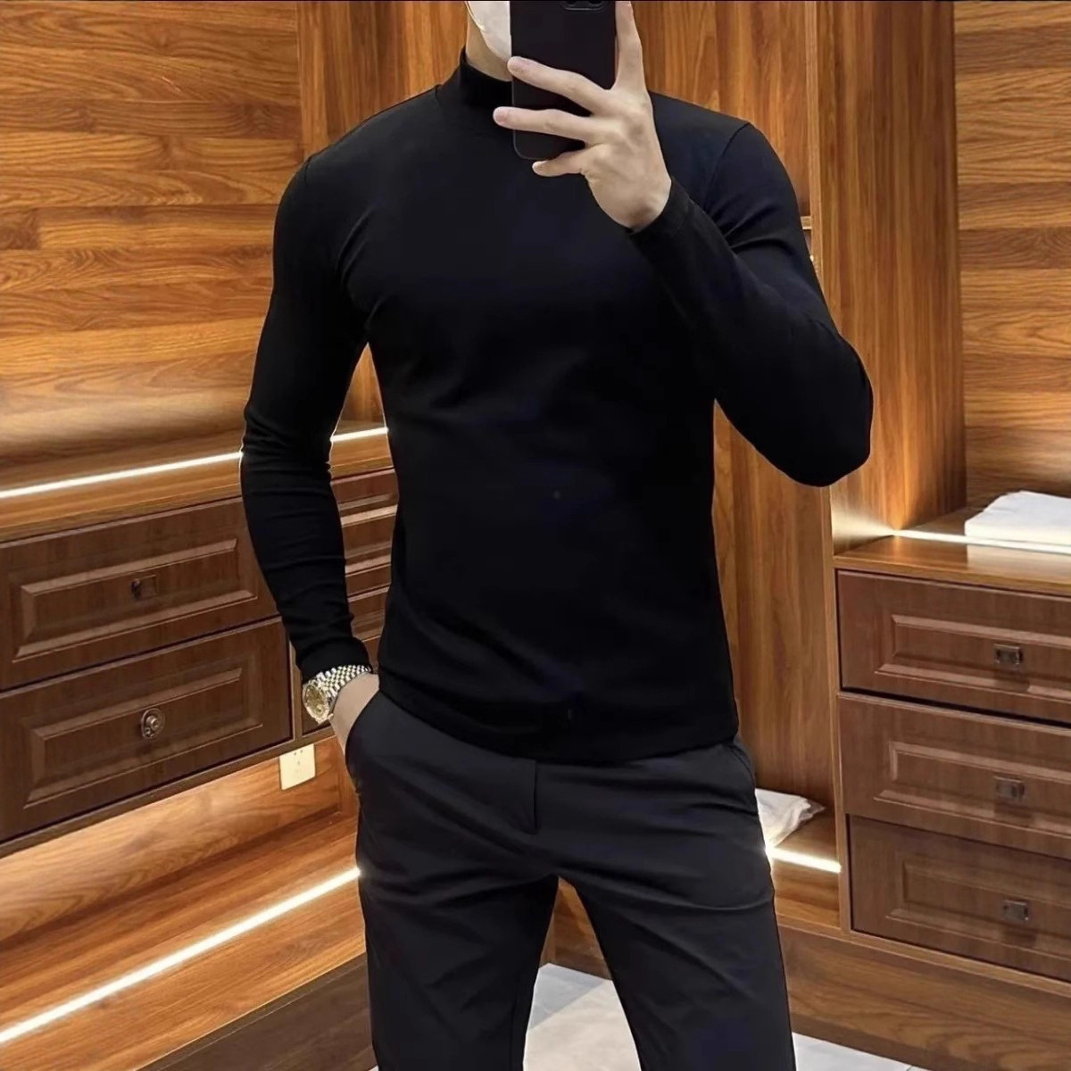 DeRong 남성 가을 겨울 클린 버전 하이 엔드 하프 터틀넥 솔리드 컬러 슬림 긴팔 고탄성 바닥 셔츠 따뜻한 티셔츠