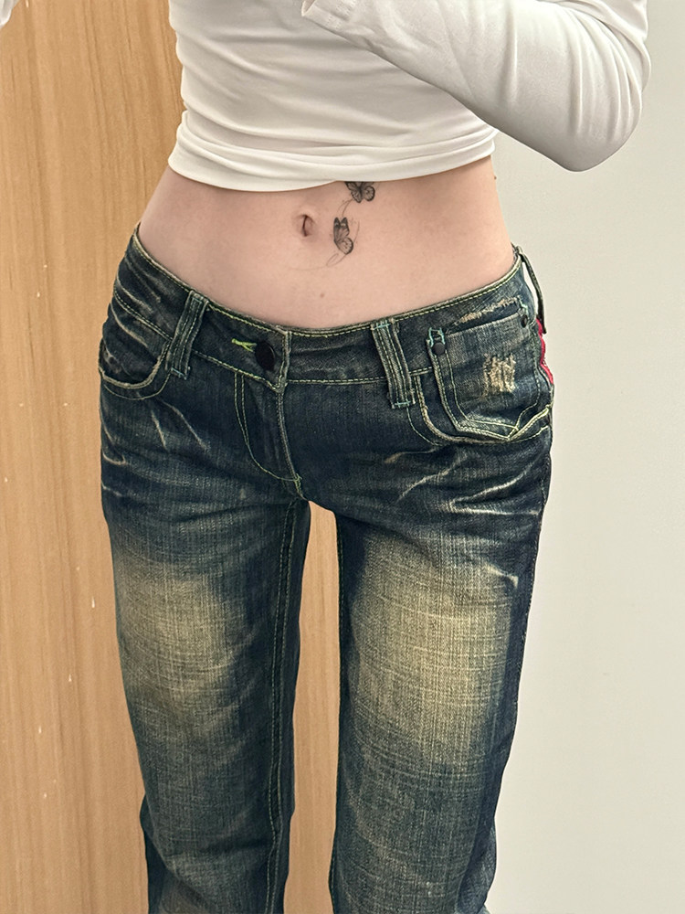 Y2k Vintage Low-Rise Distressed Jeans For Women - Baggy Straight Leg Denim Pants With Heavy Embroidery, Grunge Aesthetic_ecoleips.com