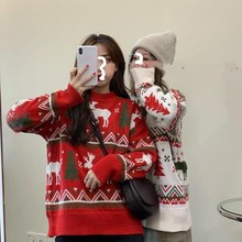 2022韓版秋冬復古聖誕小鹿紅色插畫外穿寬松套頭保暖毛衣女閨蜜裝