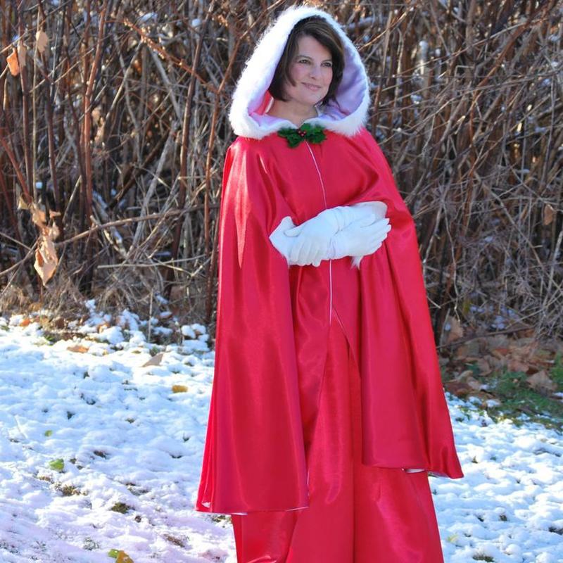 红色圣诞节女士披风人造兔毛领子舞台装冬季保暖披风披肩