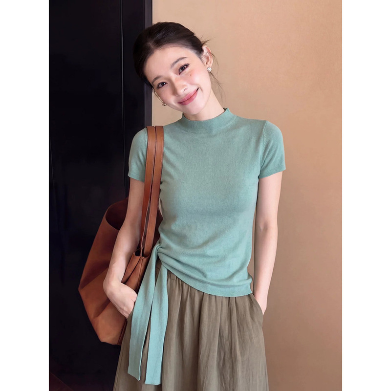 Korean-Style Mint Green Stand-Up Collar Tie-Neck Knit Short-Sleeve T-Shirt for Women, Summer High-End Unique and Beautiful Top