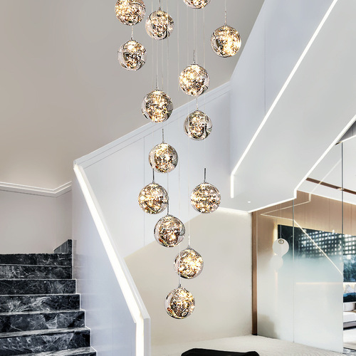 Starry Sky Staircase Long Chandelier, Modern Minimalist Villa Loft Apartment Mezzanine Glass Living Room Grand Chandelier