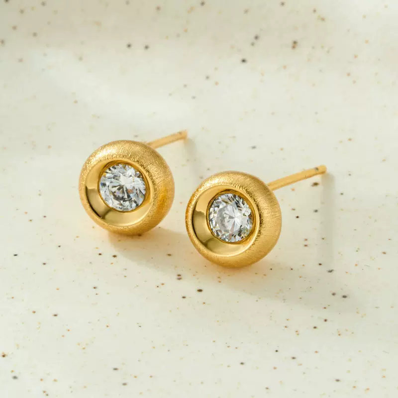 金色拉丝圆形拉丝耳钉轻奢高级感铜合金真金电镀锆石耳饰s925银针