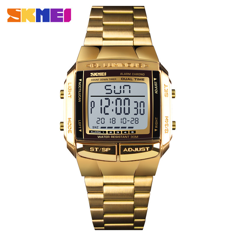 Skmei transfronterizo popular retro pequeño reloj de oro reloj de hombre simple Moda impermeable reloj electrónico multifuncional