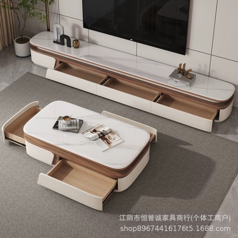 佛山新款轻奢椭圆形岩板茶几电视柜组合微晶石方形茶几小户型茶几