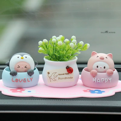 head animals cute car, Car ornaments - penguin-piglet-white-potted-plant-pink-lucky-mat