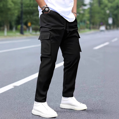 Amazon 100% Cotton Men's Work Pants Straight Leg Drawstring Multi-Pocket Casual Long Pants for European and American Independent Stations