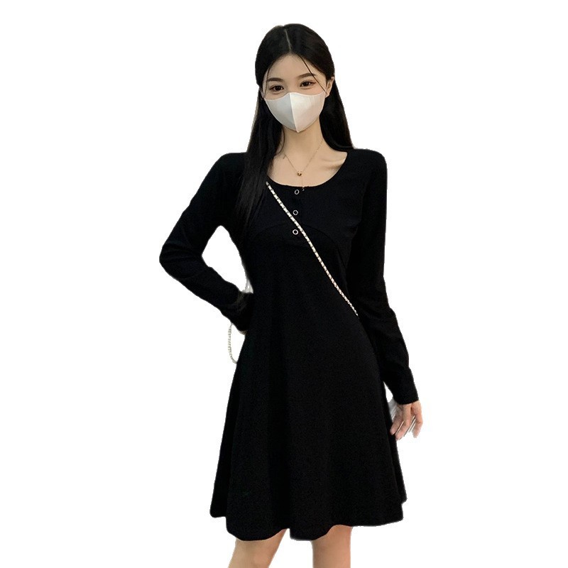纯棉胖mm大码小黑裙a字休闲连衣裙女春打底显瘦遮肚高级感裙子|undefined