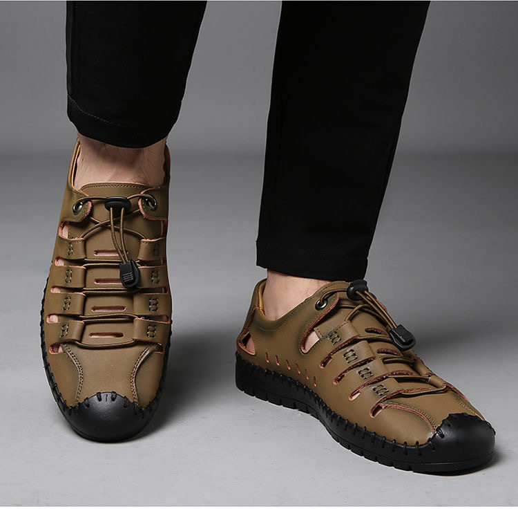 Dép sandal nam quai ngang da bò thật đế mềm thoáng khí kiểu lỗ rỗng — Màu Kaki, Màu nâu vàng, Màu đen chi tiết 12
