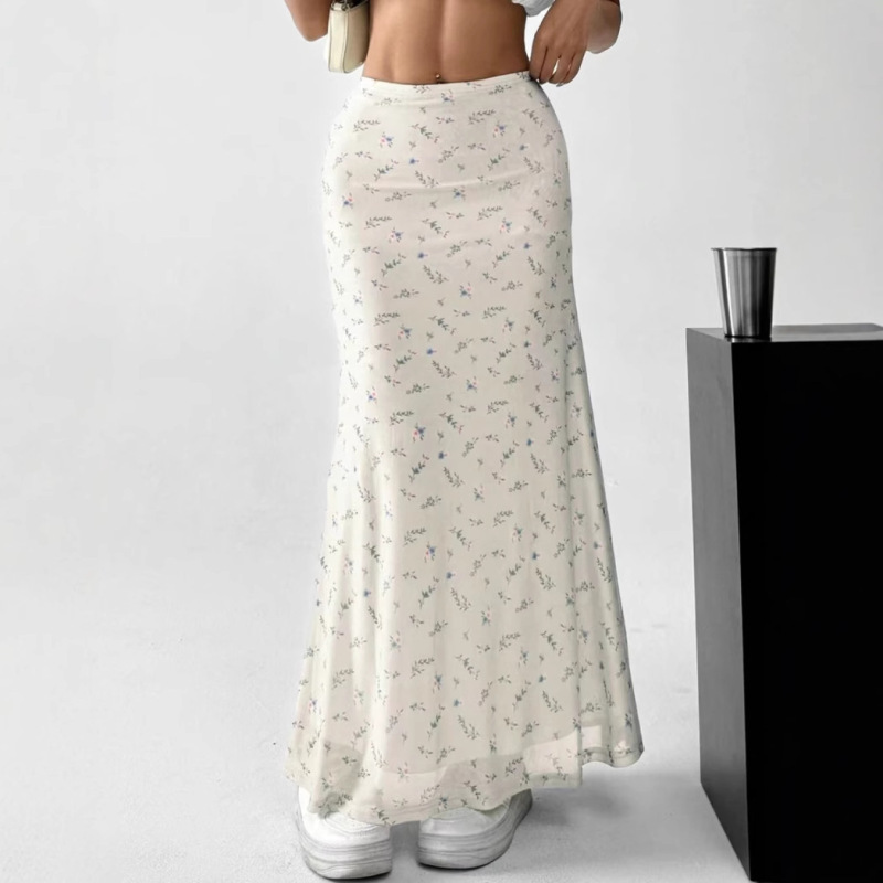 Ayj25L2502025 Forest Floral Chiffon Fishtail Long Skirt Pastoral Style Floral Draped Long Skirt