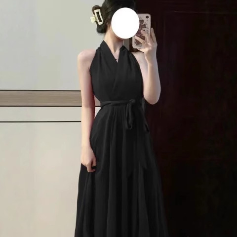 纯欲风红色挂脖连衣裙女2025早春新款a字御姐收腰绑带修身中长裙|undefined