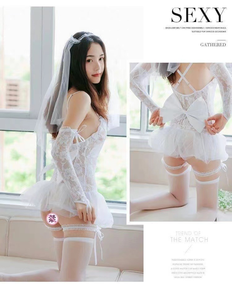 Bridal Lace Lingerie Set with Sheer Mesh Detail and Thigh-High Stockings — detail image 6
