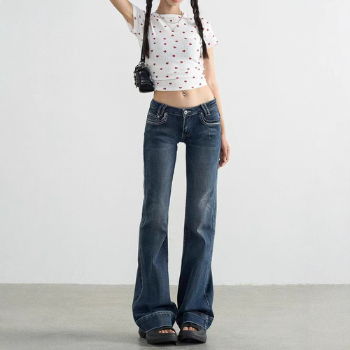 Summer New American Denim Jeans for Women Retro Washed Blue Floor-Length Trendy Stretch Ultra Low-Waist Wide-Leg Pants
