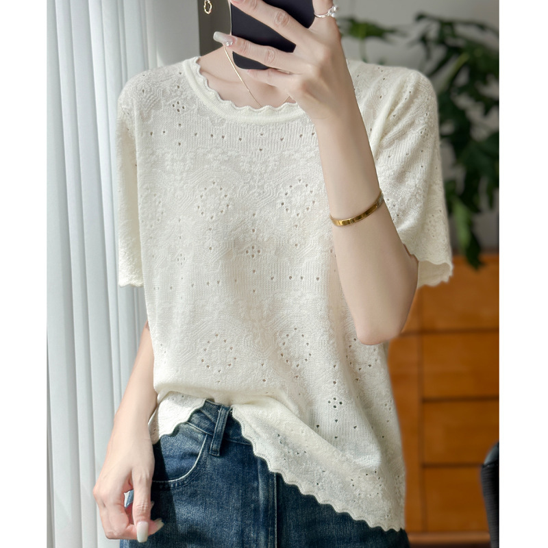 Lace Round Neck Cut Out Knitted Short-Sleeved T-Shirt Top Summer Thin Versatile Jacquard Three-Quarter Sleeve Inner Layering Shirt
