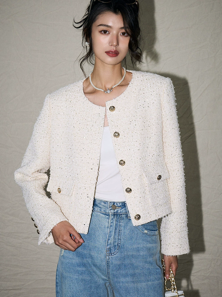 【Shengdu】25 Qiuxin Корейская знаменитость Qianjinfeng Тяжелый индустриальный Beige White С бисерной твидовой цветной короткий топовый пальто Coat