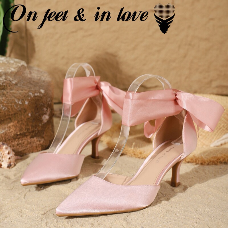 2025 New Summer Versatile Pointed Toe Pumps Stiletto Silk Strap Bow Casual High Heel Sandals