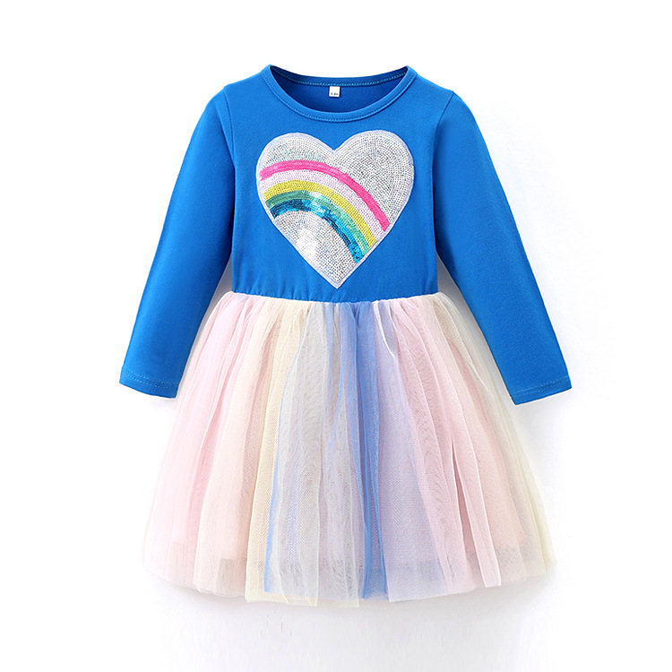 Ropa para niños europeos y americanos cuello redondo manga larga vestido de malla nueva chica en forma de corazón brillante lentejuelas chica media falda infantil falda de otoño