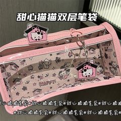 ハニーキャット透明二重ペンバッグ高颜値ins学生三角少女心大容量文房具収纳袋