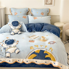 冬季卡通兒童男孩加厚牛奶絨四件套宇航員保暖雙面珊瑚絨被套床品