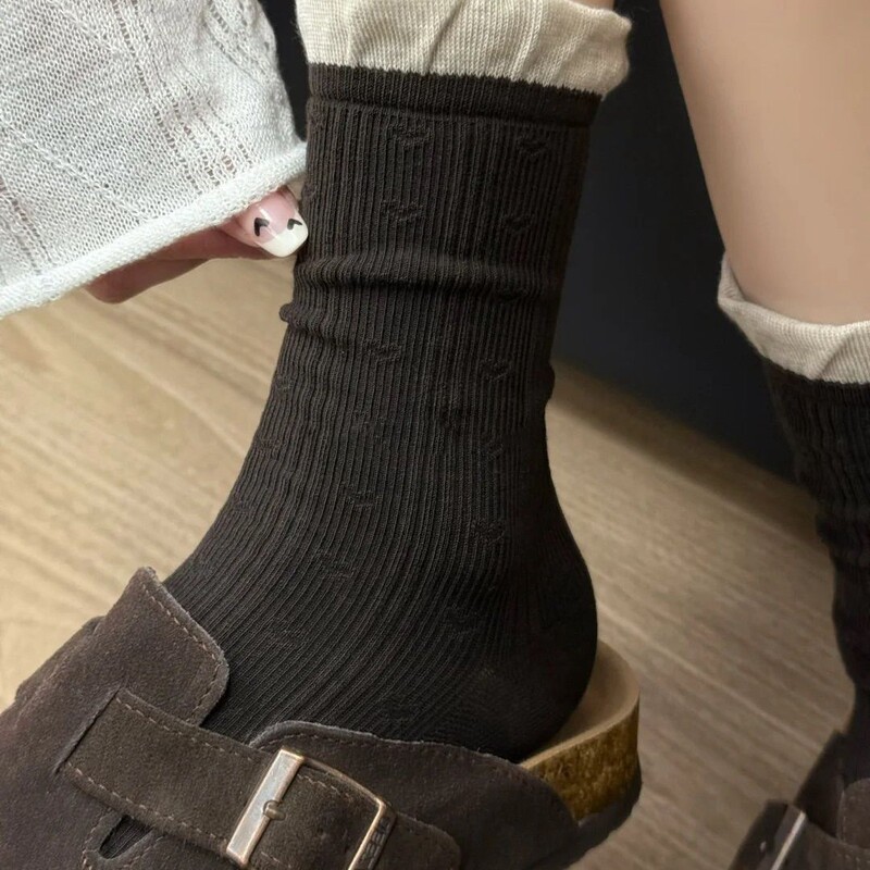 Sweet 4-Color Miu Style Color-Blocking Dark Pattern Heart Slouch Socks Bubble Mouth Sweet Japanese Style Contrast Retro Mid-Calf Socks