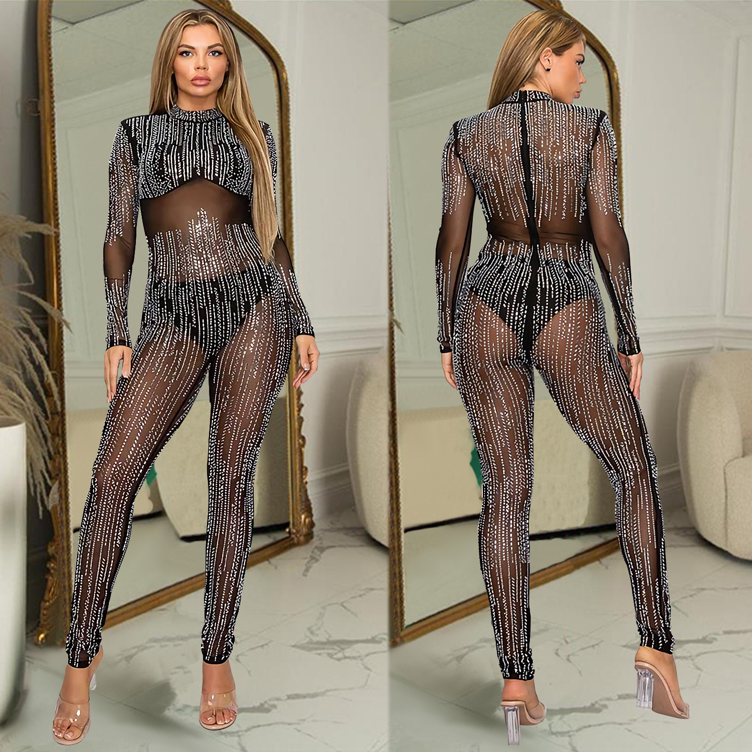 C6958 Aliexpress transfronterizo Amazon estación independiente perforación en caliente de moda sexy perspectiva pantalones de dos piezas image 3
