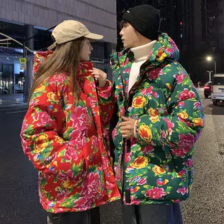 连帽棉衣外套东北大花无龙棉服中国风民族特色棉服大码情侣棉衣
