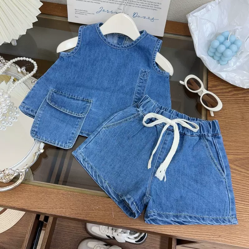 女童牛仔套装夏季新款女宝宝洋气时尚时髦背心短裤两件套