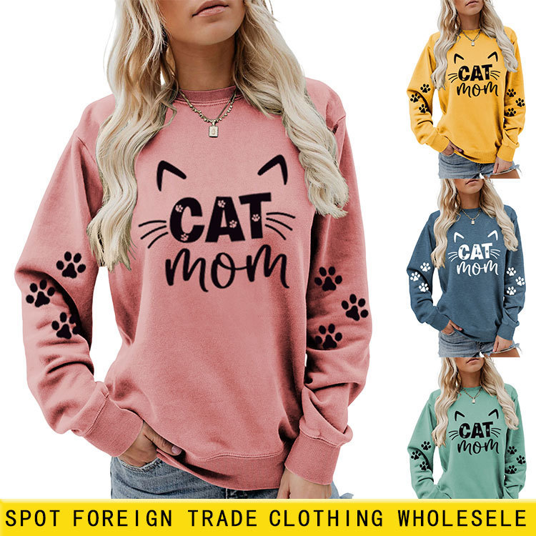Cat Mom Amazon Autumn and Winter Ebay Independent Station Cute and Interesting Women's Arm Printed Long-Sleeved Round Neck Sweatshirt