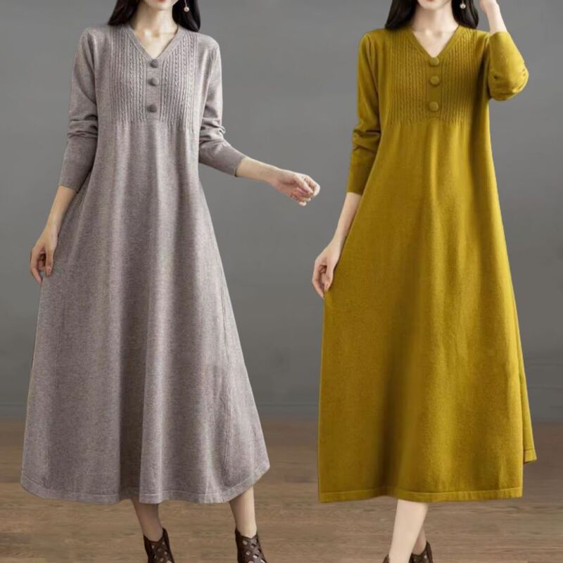 2026 Autumn/Winter Knit Dress Over-the-Knee Sweater for Mothers, Long Loose Slimming Mid-Length Base Shirt for Women 2026 Autumn/Winter Knit Dress Over-the-Knee Sweater for Mothers, Long Loose Slimming Mid-Length Base Shirt for Women
