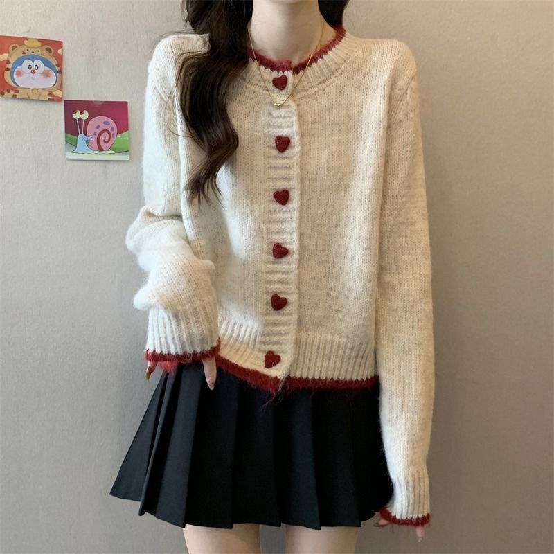 爱心扣毛针织开衫外套女春秋冬小个子高级慵懒风内搭打底衫上衣|undefined