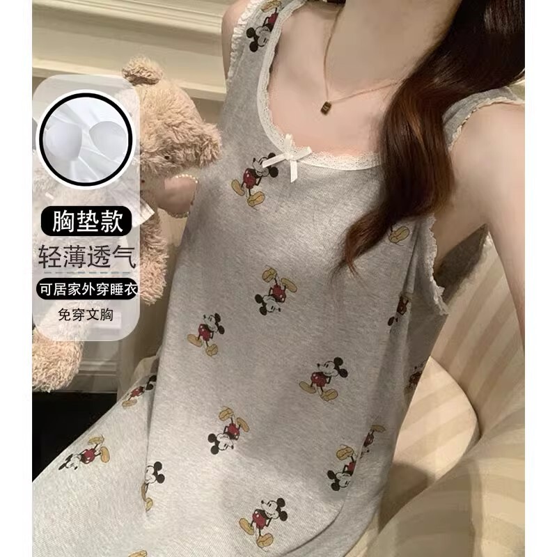 Mickey Sling Nightgown for Women, Thin Style with Chest Pads, Sleeveless Lace Vest Nightgown, Home Wear, Cartoon Short Style