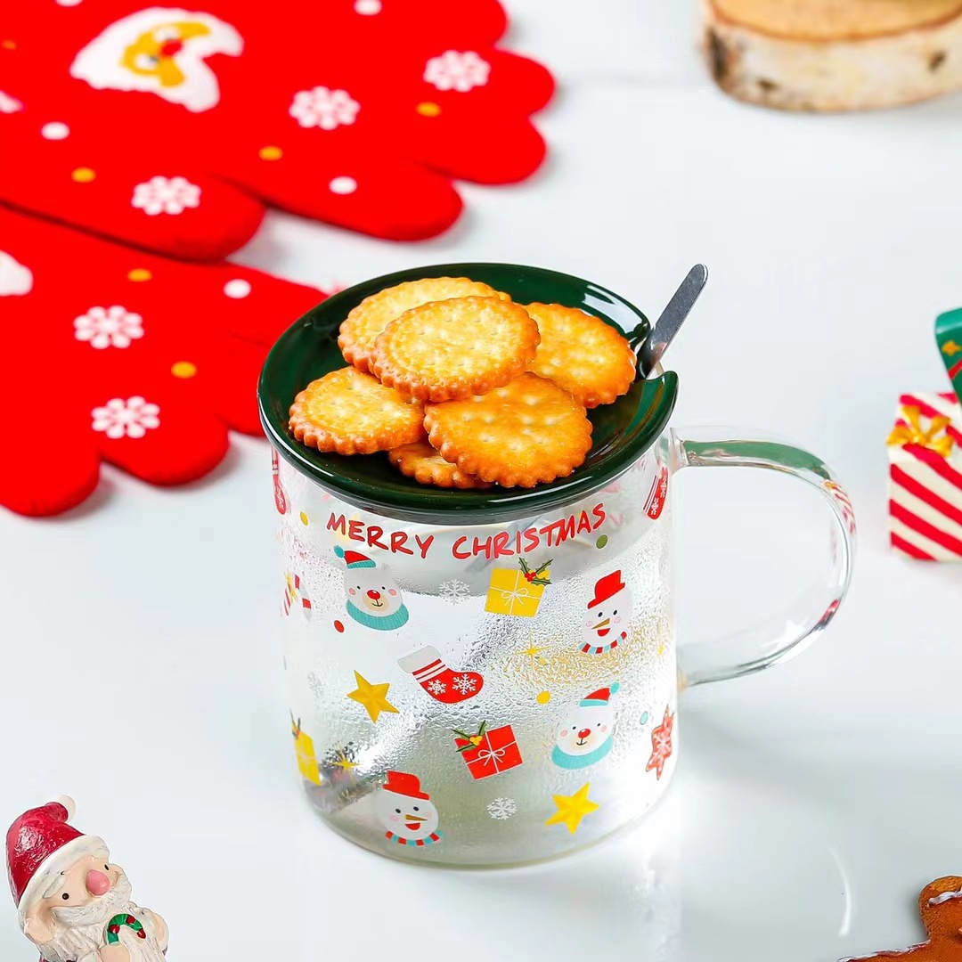 Taza de agua de vidrio de regalo de Navidad con tapa cuchara taza de consumición personalizada de dibujos animados taza de alta