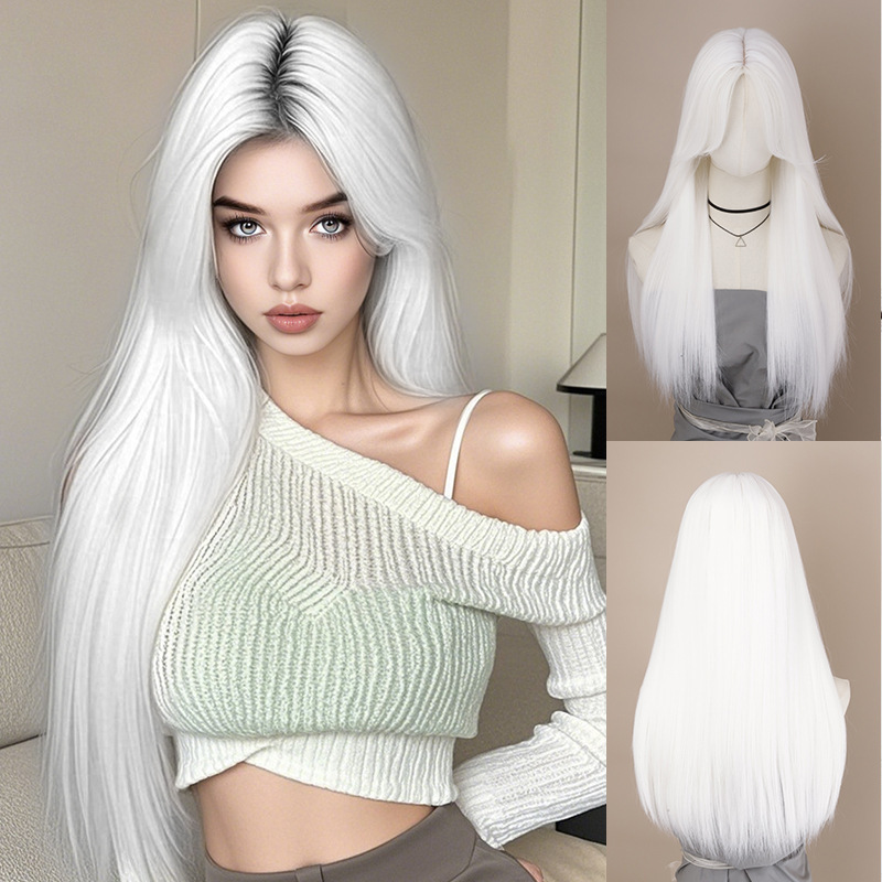 Sweet Internet Celebrity White Comic Face Ice and Snow Queen Cos Wig Artificial Hair High Temperature Silk Wig Headgear Wholesale