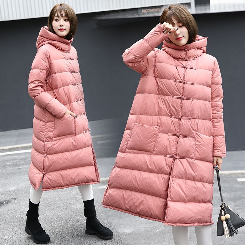 White Duck down Spring and Winter Cape-Style Retro Buttoned Lightweight down Jacket for Women, Cocoon-Shaped, Extended Version, Plus-Size, Over-The-Knee Coat