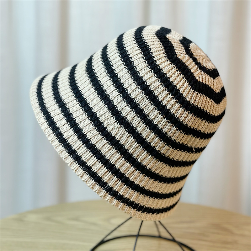 New Hat for Women's Casual Shopping Striped Fisherman Hat, Korean Version, Fashionable and Versatile Knitted Round Top Basin Hat, Foldable and Trendy_voghion.com