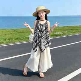 女童夏装套装2026新款女大童夏装韩系吊带上衣儿童度假休闲阔腿裤